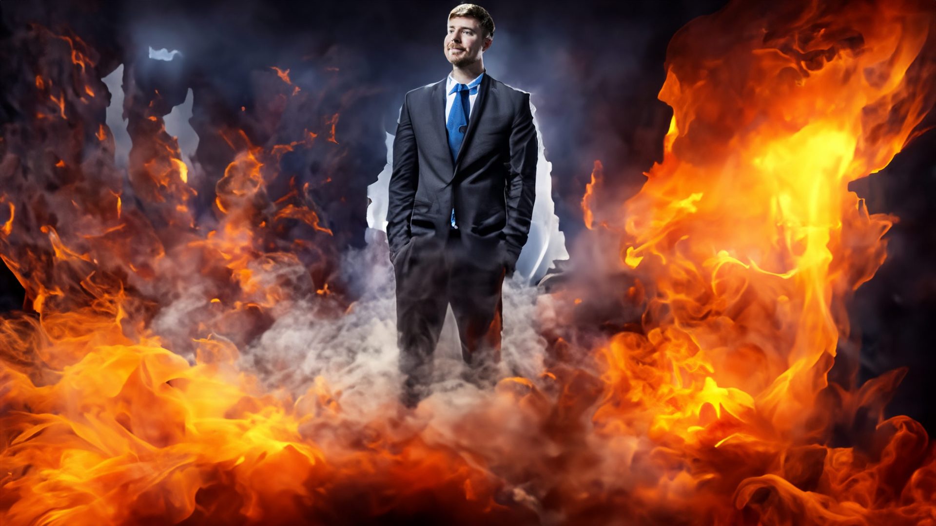 Mr. Beast surrounded by flames