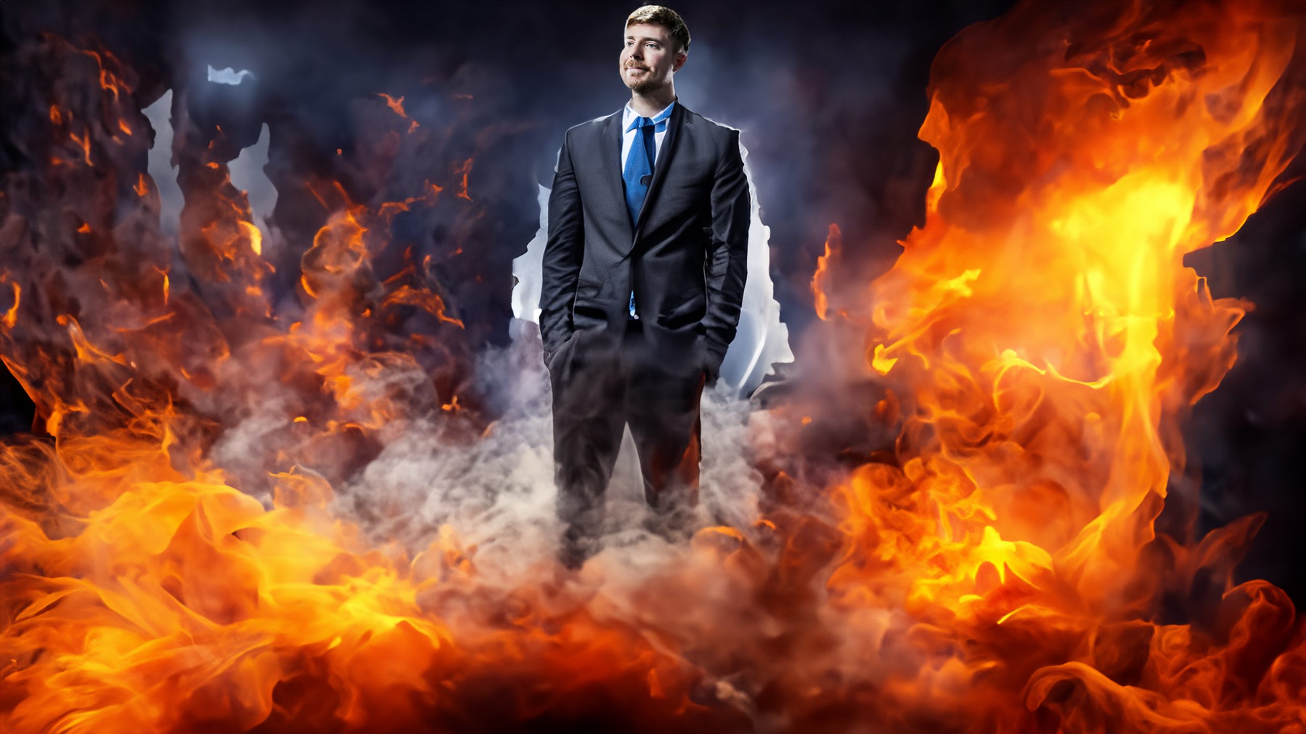 Mr. Beast surrounded by flames